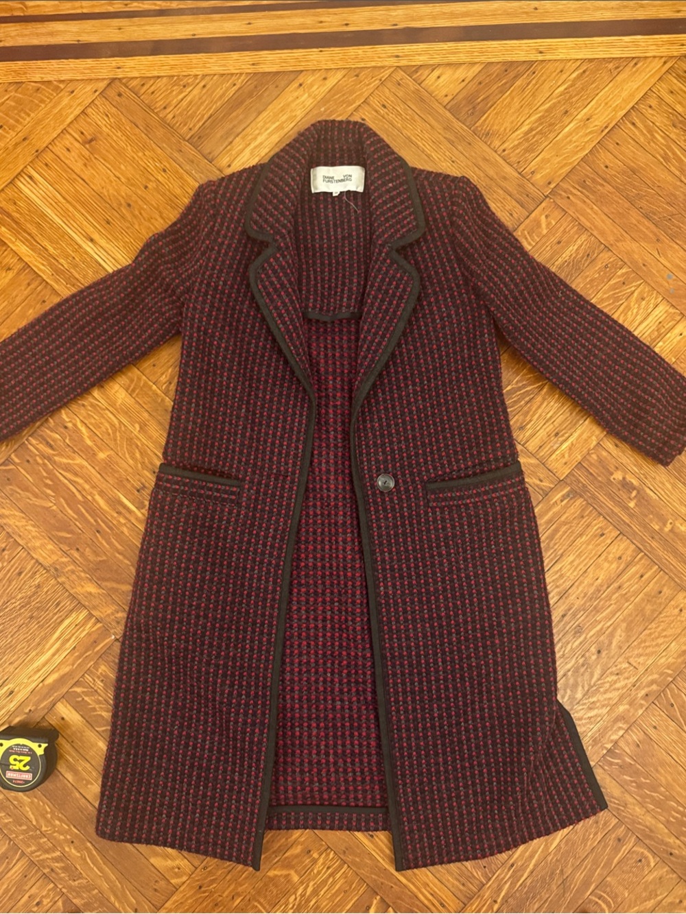 Vintage Diane Von Furstenberg Burgundy and Black Houndstooth Trench Coat